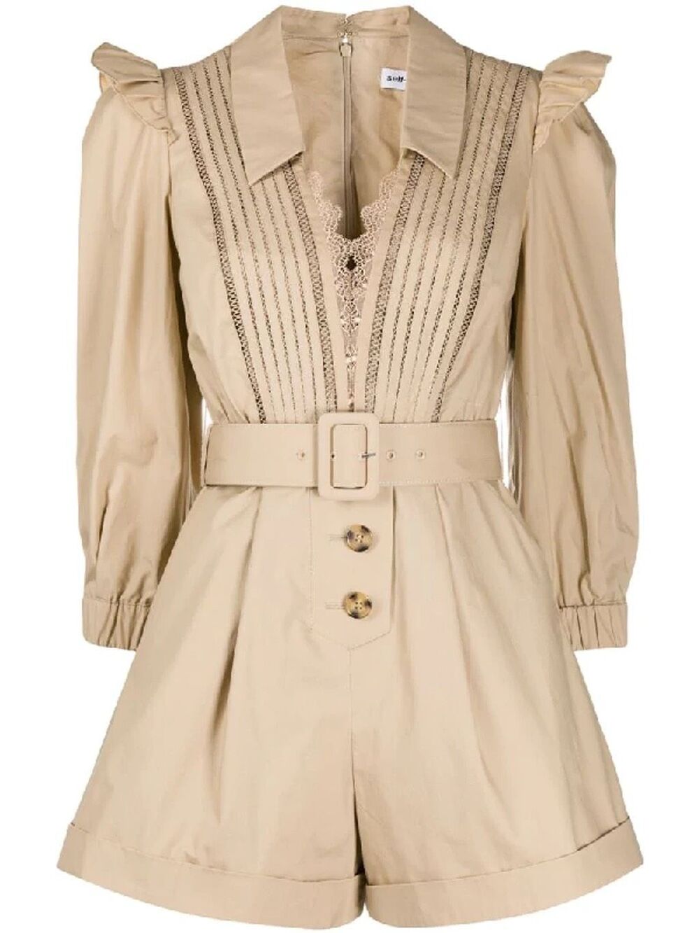 Self-Portrait Corded Lace Trimmed Cotton-Poplin Playsuit neutral women's size 4